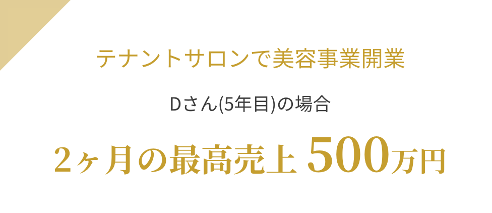 テナントサロンで美容事業開業 Dさん(5年目)の場合 2ヶ月の最高売上500万円